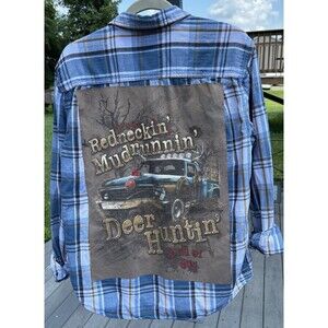 Redneckin Mudrunnin Deer Huntin Kind Of Day Flannel Upcycled Button Up Shirt M